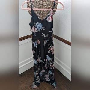 Black Floral Romper with Sheer Overskirt